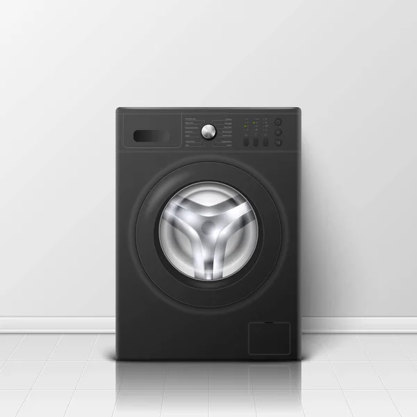 3Dリアルな現代黒鋼洗濯機クローズアップとベクトル背景。背景。ワッチャーのデザインテンプレート。フロントビュー、ランドリーコンセプト — ストックベクタ