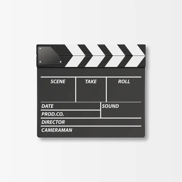 Vektor 3D realistisk sluten film film klappa styrelsen ikonen närbild isolerad på vit bakgrund. Formgivningsmall av Clapperboard, slapstick, filmskapande enhet. Uppifrån och — Stock vektor