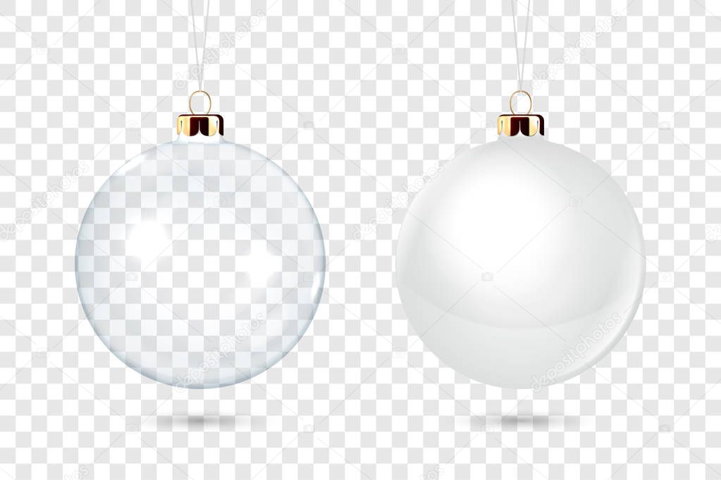 Vector Realistic 3d Christmas Glossy Glass Ball Icon, Mock-up Set Closeup Isolated on Transparency Grid Background. Design Template of Xmas and New Year Tree Toy Decoration Ball for Mockup. Front View