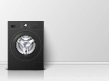 Vektör Arka Plan 3d Gerçekçi Modern Siyah Çelik Çamaşır Makinesi Closeup ile. Arka plan. Wacher Tasarım Şablonu. Ön Görünüm, Çamaşır Konsepti