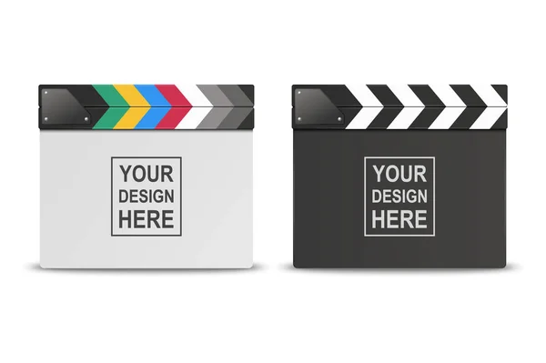 Vector 3d realistico chiuso bianco e nero vuoto Film Clap Board Icona Set primo piano isolato su sfondo bianco. Modello di design di Clapperboard, Slapstick, Filmmaking Device. Vista frontale — Vettoriale Stock