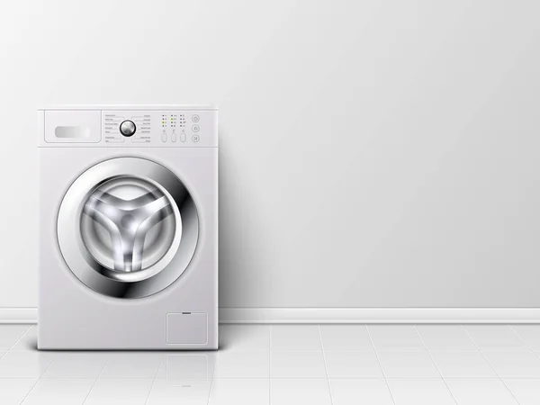Векторний фон з 3d реалістичною сучасною пральною машиною з білої сталі крупним планом. Тло. Розробка шаблону Вейхера. Вид спереду, концепція прання — стоковий вектор