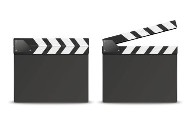 Vektör 3d Gerçekçi Boş Kapalı ve Açılan Film Film Clap Board Simge Seti Closeup Beyaz Arka Plan izole. Clapperboard, Slapstick, Film yapma cihazı tasarım şablonu. Ön Görünüm