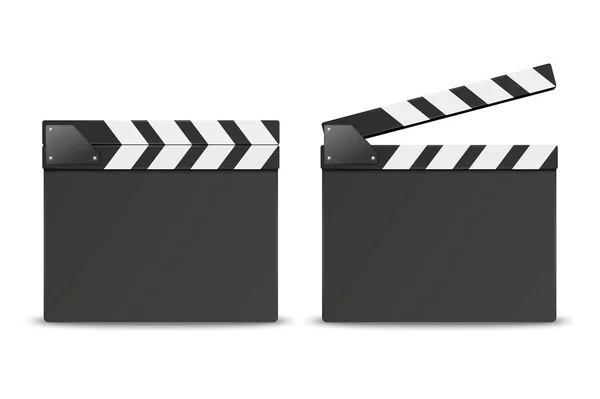 Vector 3d Realistic Blank chiuso e aperto Film Clap Board Icona Set primo piano isolato su sfondo bianco. Modello di design di Clapperboard, Slapstick, Filmmaking Device. Vista frontale — Vettoriale Stock