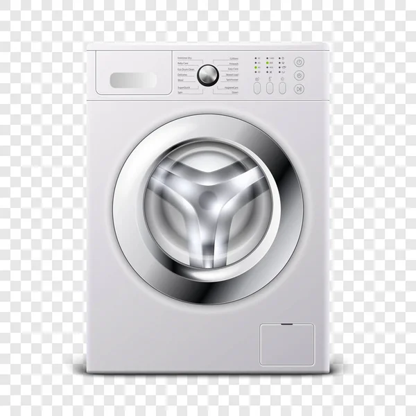 Vector 3d realista moderno branco aço máquina de lavar Icon Closeup Isolado em fundo transparente. Modelo de Design de Wacher. Vista frontal, Conceito de lavanderia — Vetor de Stock
