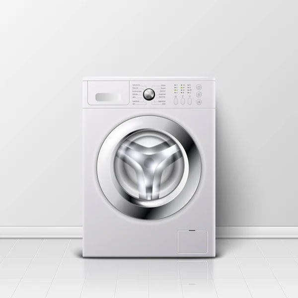 3Dリアルな現代の白鋼洗濯機クローズアップとベクトル背景。背景。ワッチャーのデザインテンプレート。フロントビュー、ランドリーコンセプト — ストックベクタ