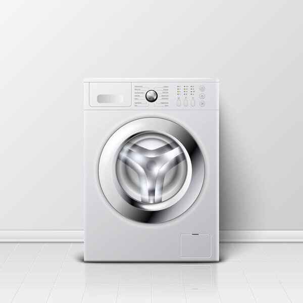 Vector Background with 3d Realistic Modern White Steel Washing Machine Closeup. Background. Design Template of Wacher. Front View, Laundry Concept