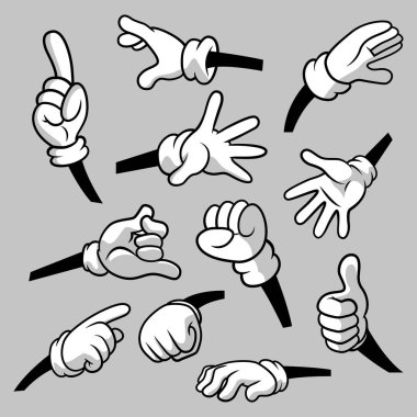 Çizgi film eller izole eldivenler simge seti ile. Vektörel clipart - vücut parçaları, beyaz eldiven kollarında. El jest koleksiyonu. Grafik tasarım şablonları