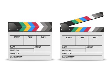 Vektör 3d Gerçekçi Boş Kapalı ve Açılan Film Film Clap Board Simge Seti Closeup Beyaz Arka Plan izole. Clapperboard, Slapstick, Film yapma cihazı tasarım şablonu. Ön Görünüm