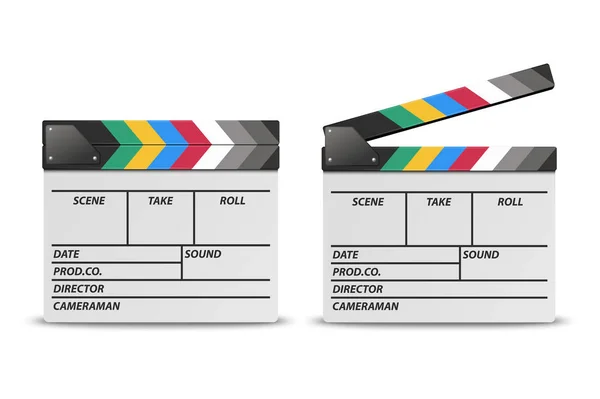 Vector 3d Realistic Blank chiuso e aperto Film Clap Board Icona Set primo piano isolato su sfondo bianco. Modello di design di Clapperboard, Slapstick, Filmmaking Device. Vista frontale — Vettoriale Stock