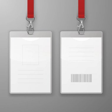 Two Vector Realistic Blank Office Graphic Id Cards with Clasp and Lanyard Closeup Isolated. Front and Back Side. Design Template of Identification Card for Mockup. Identity Card Mock-up in Top View clipart