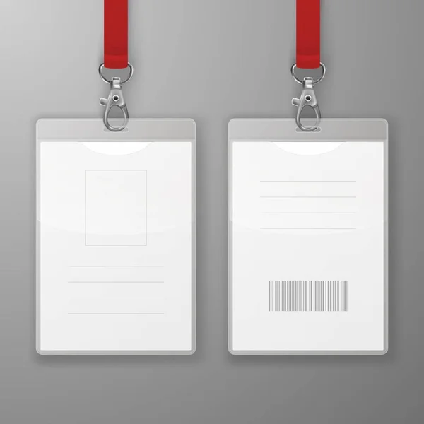 Two Vector Realistic Blank Office Graphic Id Cards with Clasp and Lanyard Closeup Isolated. Front and Back Side. Design Template of Identification Card for Mockup. Identity Card Mock-up in Top View — Stock Vector
