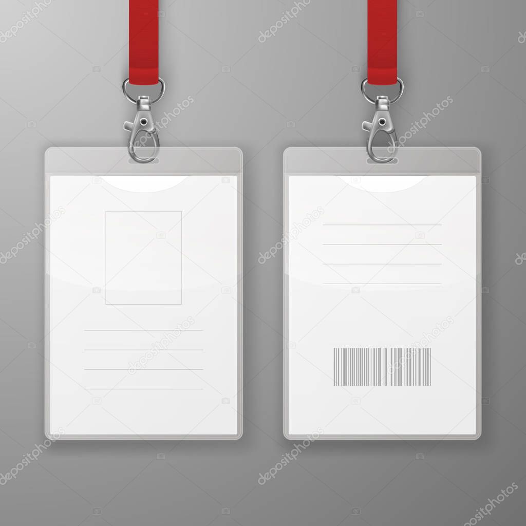 Two Vector Realistic Blank Office Graphic Id Cards with Clasp and Lanyard Closeup Isolated. Front and Back Side. Design Template of Identification Card for Mockup. Identity Card Mock-up in Top View