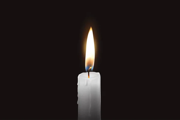 Vektor 3D realistisch ein einzelner Rendwer weißes Paraffin oder Wachs brennende Kerze Nahaufnahme isoliert auf dunklem oder schwarzem Hintergrund. Flamme in der Nacht — Stockvektor
