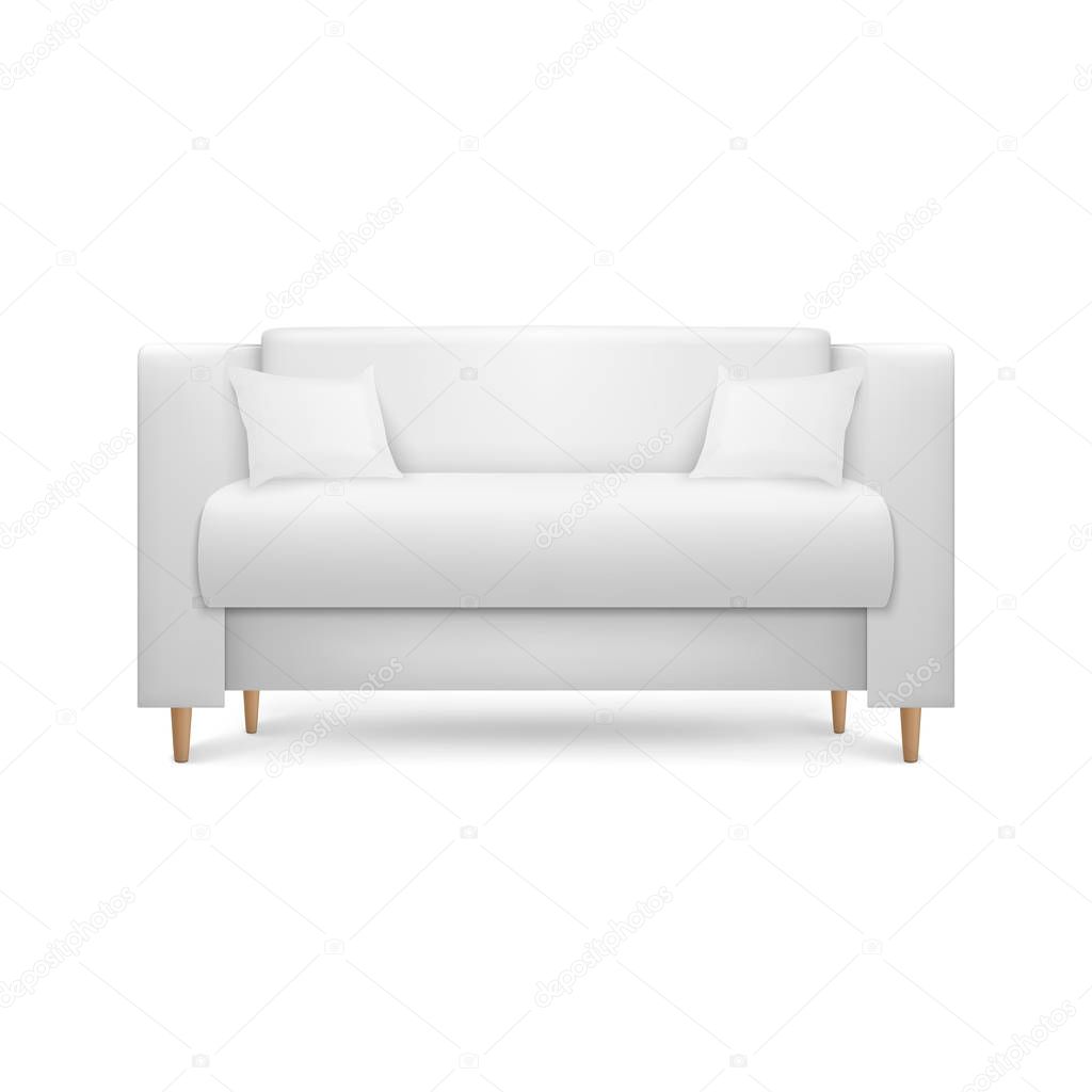 Vector 3d Realistic Render White Leather Luxury Office Sofa, Couch with Pillows in Simple Modern Style for Interior Design, Living Room, Reception or Lounge. Closeup Isolated on White Background