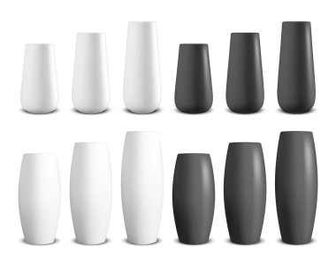 Vektör 3d Gerçekçi Render Beyaz ve Siyah Seramik Vazo Set Closeup Beyaz Arka Plan izole. Yer Kaseleri. Mockup, İç Tasarım şablonu. Basit Modern Tarzda Ev Ekipmanları