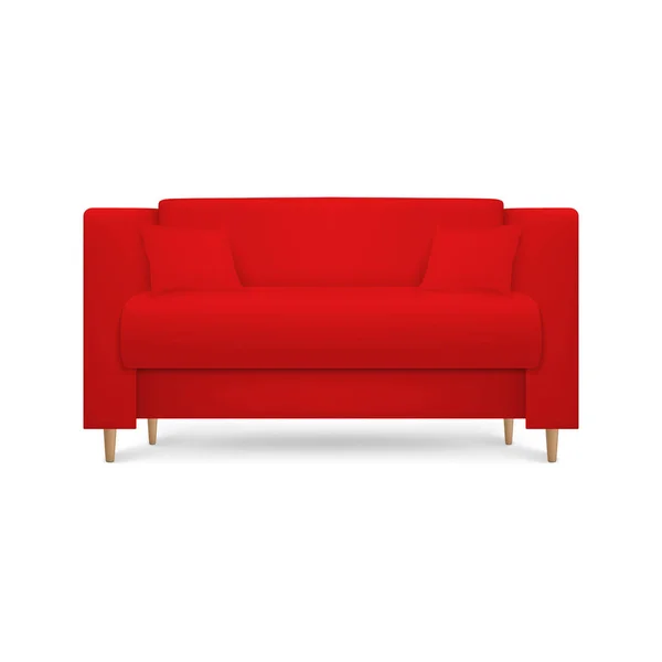 Vector 3D realistische renderen rood lederen luxe kantoor Bank, Bank met kussens in eenvoudige moderne stijl voor interieur design, woonkamer, Receptie of lounge. Close-up geïsoleerd op witte achtergrond — Stockvector