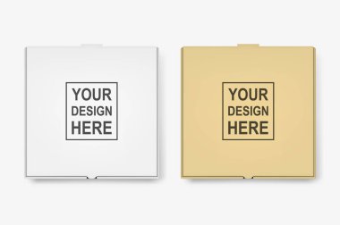 Vektör 3d Gerçekçi Boş Beyaz ve Kahverengi Pizza Kutusu Şablon Set Closeup Beyaz Arka Plan yalıtılmış. Logo, Kurumsal Tasarım için Mockup. En İyi Görüntü