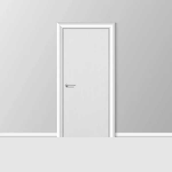 Vector realista 3d simple puerta cerrada blanca moderna con marco en la pared gris en la habitación vacía. Elemento de diseño de interiores. Plantilla de diseño para gráficos — Vector de stock