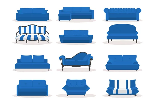 Vector verschillende blauwe lederen luxe kantoor sofa, divan icon set in platte stijl geïsoleerd op witte Bsckground. Eenvoudig, modern, retro, klassiek, vintage stijl. Sjablonen voor interieur ontwerp, woonkamer — Stockvector