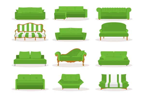 Vector verschillende groene lederen luxe kantoor sofa, divan icon set in platte stijl geïsoleerd op witte Bsckground. Eenvoudig, modern, retro, klassiek, vintage stijl. Sjablonen voor interieur ontwerp, woonkamer — Stockvector