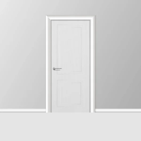 Vector Realistic 3d Simple Modern White Closed Door with Frame on Grey Wall in the Empty Room. Interior Design Element. Design Template for Graphics — Stock Vector