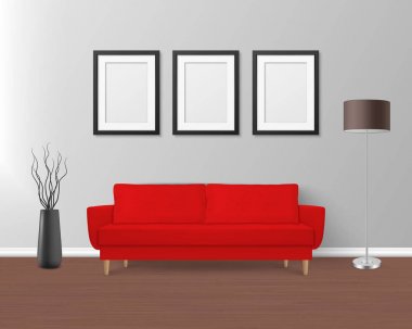 Vektör 3d Gerçekçi Render Kırmızı Kanepe, Modern Odada Basit Tarzda Yastıklı Kanepe - Daire, Salon, Sanat Galerisi, Oturma Odası, Resepsiyon, Salon veya Ofis İç. Duvarda Beyaz Posterler