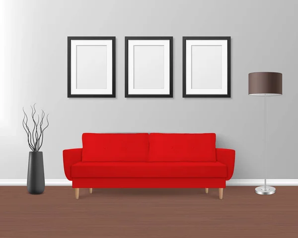 Canapé Vector 3d Realistic Render Rouge, canapé avec oreillers dans un style simple dans une chambre moderne - appartement, salon, galerie d'art, salon, réception, salon ou bureau intérieur. Affiches blanches sur le mur — Image vectorielle