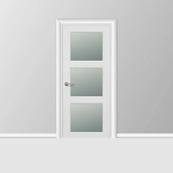 Vektor realistische 3D einfache moderne weiße geschlossene Tür mit Rahmen an grauer Wand im leeren Raum. Innenarchitektur-Element. Design-Vorlage für Grafiken — Stockvektor