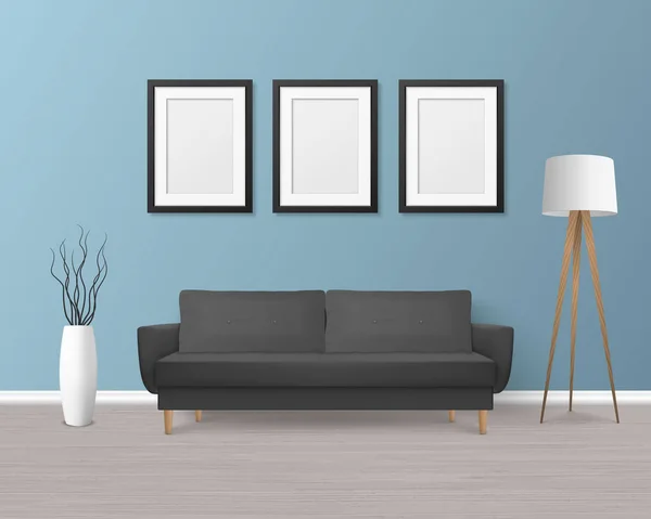 Canapé Vector 3d Realistic Render noir, canapé avec oreillers dans un style simple dans une chambre moderne - appartement, salon, galerie d'art, salon, réception, salon ou bureau intérieur. Affiches blanches sur le mur — Image vectorielle