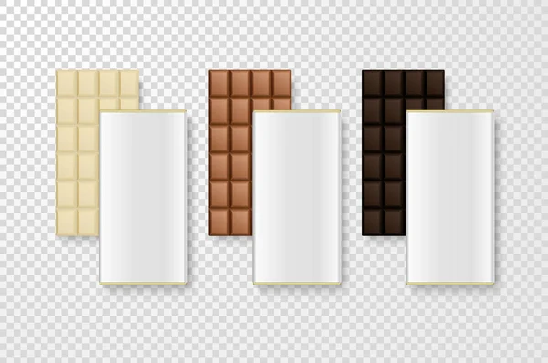 Vektor 3D realistischen weißen, milchigen und dunklen Rohling ganze Schokoladenriegel mit Packung Set Nahaufnahme isoliert auf transparentem Hintergrund. Designvorlage für Verpackung, Mockup, Werbung. Ansicht von oben — Stockvektor