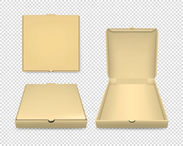 Vector 3d realista em branco Brown Craft Paper fechado e aberto Pizza Box Template Set Closeup Isolado em Fundo Transparente. Mockup para Logo, Design Corporativo. Topo, Vista frontal —  Vetores de Stock