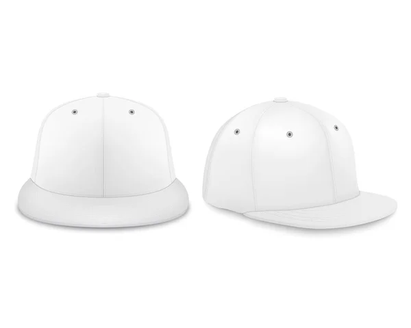 Vector 3d réaliste Render blanc blanc blanc Casquette Snapback Icône Set Closeup isolé sur fond blanc. Modèle de conception pour le maquillage, la marque, la publicité. Vue avant et latérale — Image vectorielle