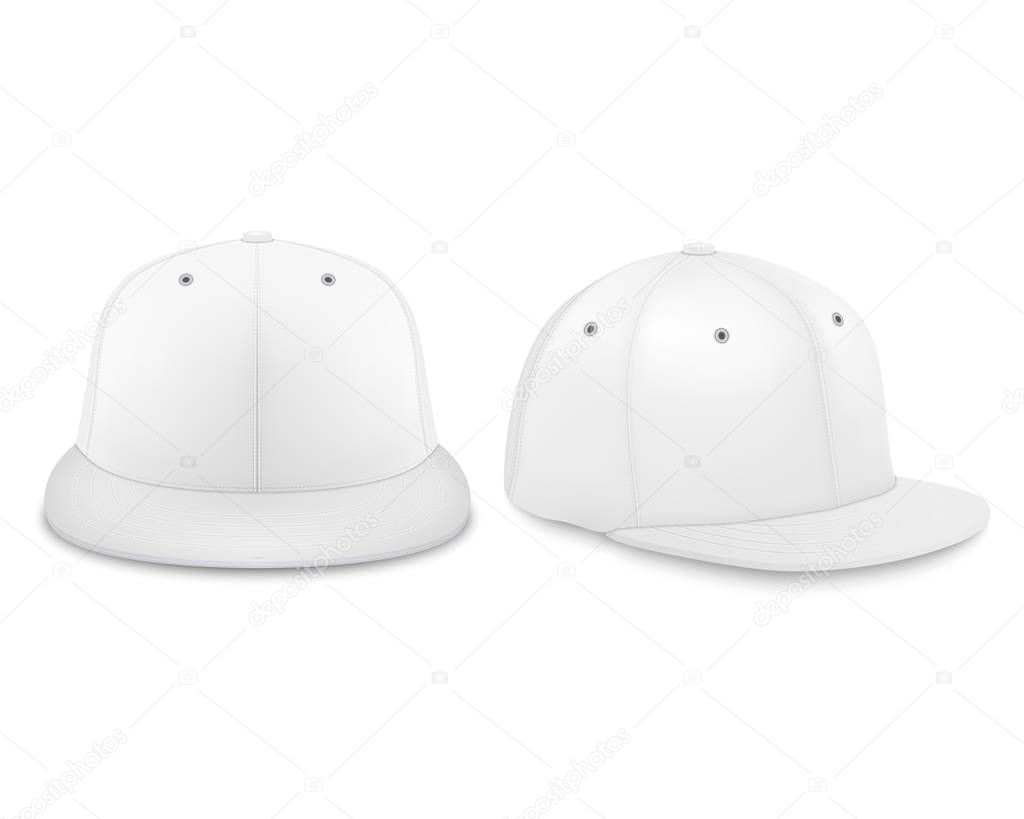 Vector 3d Realistic Render White Blank Baseball Snapback Cap Icon Set Closeup Isolated on White Background. Design Template for Mock-up, Branding, Advertise. Front and Side View