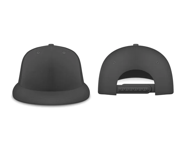 Vektor 3d realistisch rendern schwarze leere Baseball-Schnappschuss-Cap-Symbol-Set Nahaufnahme isoliert auf weißem Hintergrund. Design-Vorlage für Mock-up, Branding, Werbung. Vorder- und Rückseite — Stockvektor