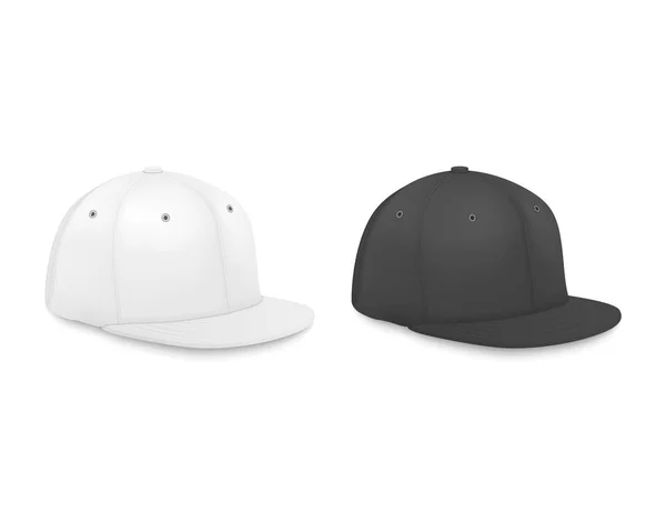 Vector 3d Realistic Render Bianco e Nero Bianco Baseball Cap Icona Set Primo Piano Isolato su sfondo bianco. Modello di design per Mock-up, Branding, Pubblicità. Vista laterale — Vettoriale Stock