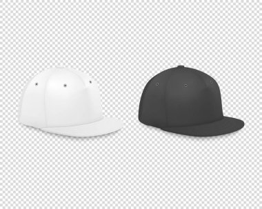 Vektör 3d Gerçekçi Render Beyaz ve Siyah Boş Beyzbol Cap Simge Set Closeup Şeffaf Arka Plan üzerinde izole. Mock-up, Marka, Reklam için Tasarım Şablonu. Yan Görünüm
