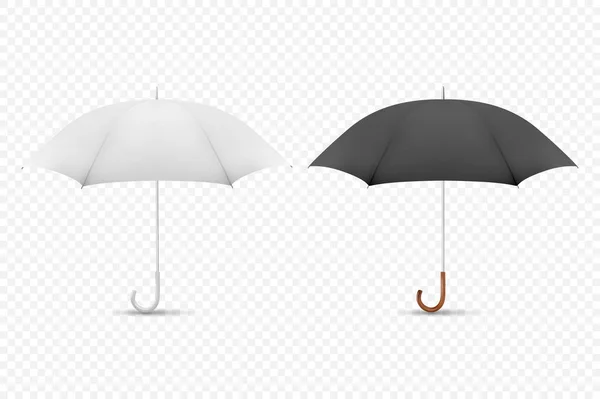 Vektör 3d Gerçekçi Render Beyaz ve Siyah Boş Şemsiye Simge Seti Closeup Şeffaf Arka Plan üzerinde izole. Mock-up, Marka, Reklam vb için Açılan Şemsiyetasarım Şablonu Ön Görünüm — Stok Vektör