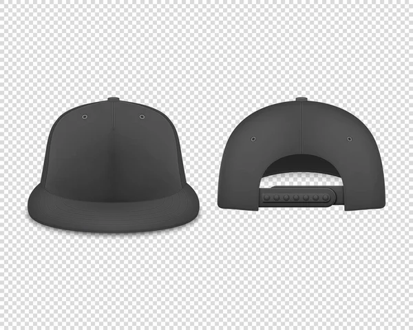 Διάνυσμα 3D ρεαλιστική απόδοση μαύρο κενό καπέλο του μπέιζμπολ εικονίδιο σετ κοντινά πλάνα απομονωμένη σε διαφανές φόντο. Πρότυπο σχεδίασης για την αναπαράσταση, την επωνυμία, τη διαφήμιση. Μπροστινή και πίσω όψη — Διανυσματικό Αρχείο