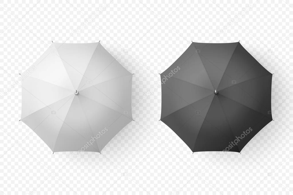 Vector 3d Realistic Render White and Black Blank Umbrella Icon Set Closeup Isolated on Transparent Background. Design Template of Opened Parasols for Mock-up, Branding, Advertise etc. Top View