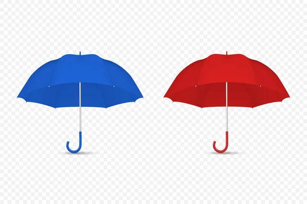Vector 3d realista Render azul y rojo en blanco paraguas icono conjunto primer plano aislado sobre fondo transparente. Plantilla de diseño de sombrillas abiertas para burlas, marcas, publicidad, etc. Vista frontal — Vector de stock