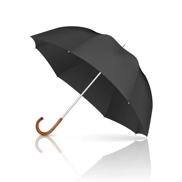 Vector 3D Realista Render Negro paraguas en blanco Icono de primer plano aislado sobre fondo blanco. Plantilla de diseño de sombrilla abierta para simulacro, marca, publicidad, etc. Vista frontal — Vector de stock