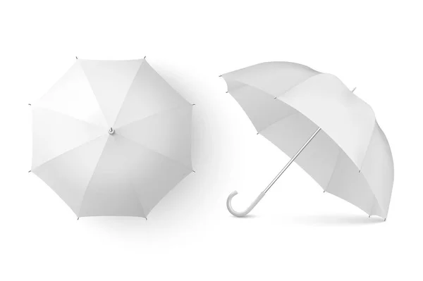 Vector 3d Realistic Render White Blank Umbrella Icon Set Primo Piano Isolato su sfondo bianco. Modello di progettazione di ombrelloni aperti per Mock-up, Branding, Pubblicità ecc. Vista superiore e anteriore — Vettoriale Stock