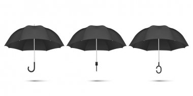 Vektör 3d Gerçekçi Render Siyah Boş Şemsiye Simge Set Closeup Beyaz Arka Plan üzerinde izole. Mock-up, Marka, Reklam vb için Açılan Şemsiyetasarım Şablonu Üst ve Ön Görünüm
