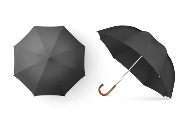 Vector 3d realista renderizado negro paraguas en blanco icono conjunto primer plano aislado sobre fondo blanco. Plantilla de diseño de sombrillas abiertas para burlas, marcas, publicidad, etc. Vista superior y frontal — Vector de stock