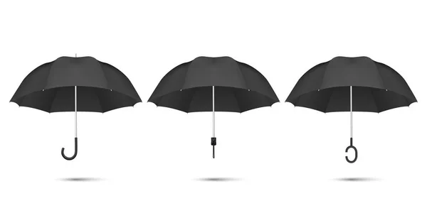 Vektör 3d Gerçekçi Render Siyah Boş Şemsiye Simge Set Closeup Beyaz Arka Plan üzerinde izole. Mock-up, Marka, Reklam vb için Açılan Şemsiyetasarım Şablonu Üst ve Ön Görünüm — Stok Vektör