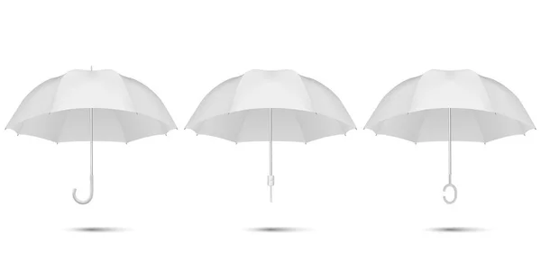 Векторний 3d реалістичний рендеринг біла порожня парасолька набір піктограм крупним планом ізольовано на білому тлі. Шаблон дизайну відкритих парасольок для макетів, брендингу, реклами тощо. Вид зверху і спереду — стоковий вектор