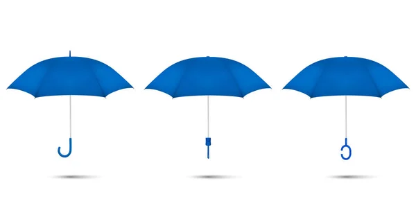 Ensemble d'icône de parapluie blanc bleu de rendu réaliste vectoriel 3d isolé sur fond blanc. Modèle de conception de parasols ouverts pour maquettes, marques, publicités, etc. Vue du dessus et de face — Image vectorielle