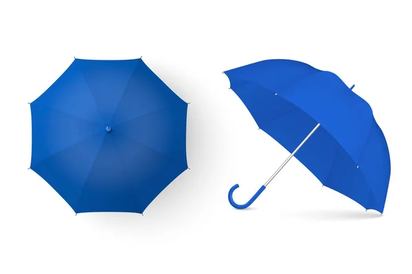 Ensemble d'icône de parapluie blanc bleu de rendu réaliste vectoriel 3d isolé sur fond blanc. Modèle de conception de parasols ouverts pour maquettes, marques, publicités, etc. Vue du dessus et de face — Image vectorielle