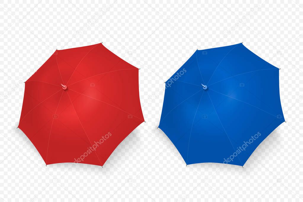 Vector 3d Realistic Render Red and Blue Blank Umbrella Icon Set Closeup Isolated on Transparent Background. Design Template of Opened Parasols for Mock-up, Branding, Advertise etc. Top View